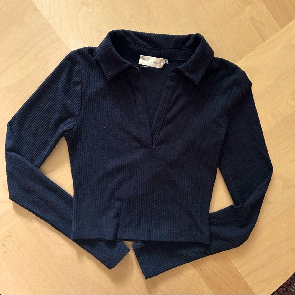 Altar’d State Black Ribbed Long Sleeve Crop Top with collar